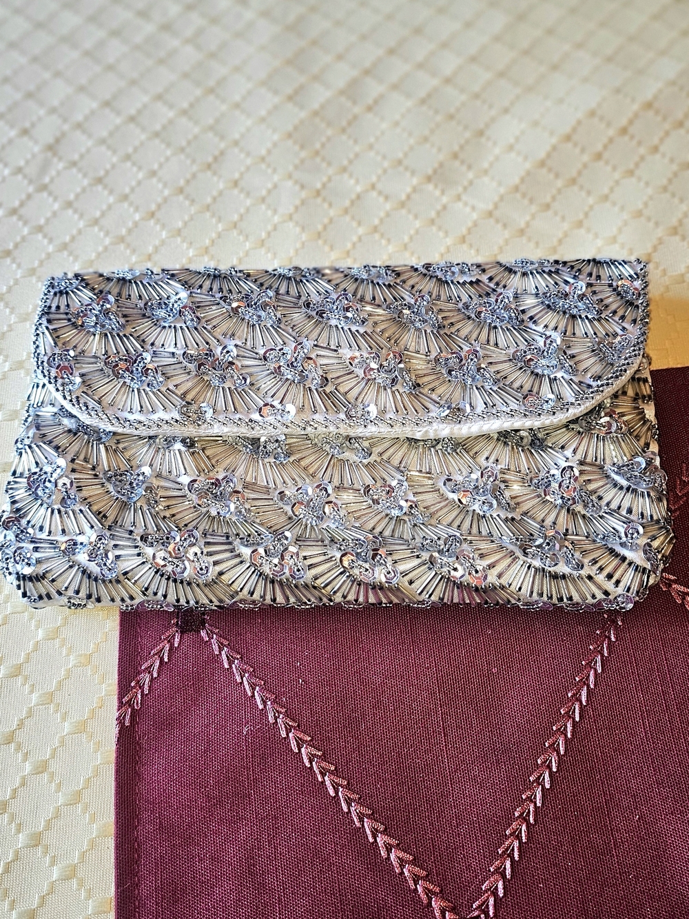 Silver Sequin & Beaded Floral Evening Clutch